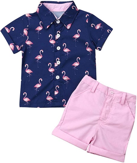 Toddler Baby Boy Flamingo Short Sleeve Button Down Shirt & Casual Shorts Set Summer Outfits 1-6 Years Clothes