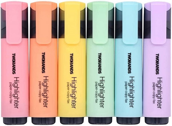 TWOHANDS Highlighter,Pastel Colors,Chisel Tip Marker Pen,6 Assorted Colors, for Adults & Kids,School Supplies,with Large Ink Reservoir for Extra Long Marking Performance 20079