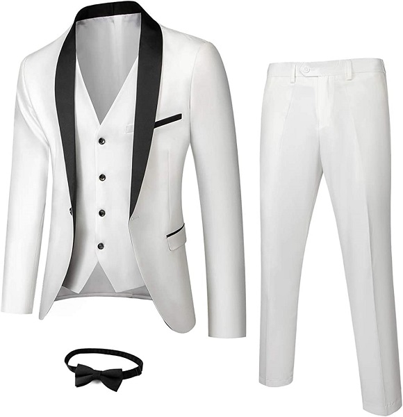 MY'S Mens 3-Piece Suit Shawl Lapel One Button Tuxedo Winter Fabric Slim Fit Premium Dinner Jacket Vest Pants & Tie Set White