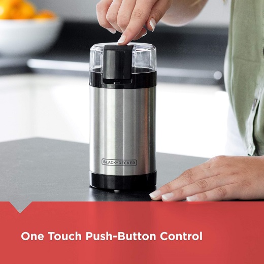 Black+Decker One Touch Coffee Grinder with stainless steel bowl.