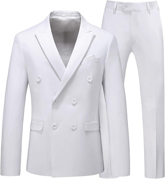 MOGU Mens 2 Piece Suit Slim Fit Double Breasted Blazer and Pants Solid Color Prom Tuxedo US Size Blazer 40/Pants 36 White