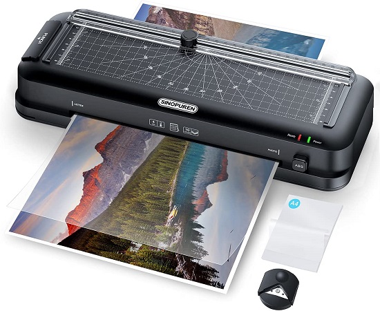 Laminator Machine, Sinopuren 9-Inch Thermal Laminator, Personal 3-in-1 Desktop Laminating Machine Built-in Paper Trimmer Punch and Corner Rounder with 10 Pouches Sheets for Home Office School - Black