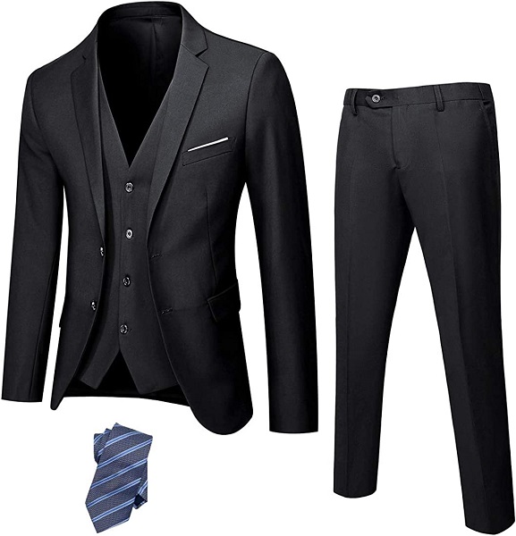 YND Men's Slim Fit 2 Button 3 Piece Suit Set, Blazer Jacket Vest Pants and Tie, Solid Wedding Dress Tux and Trousers Black