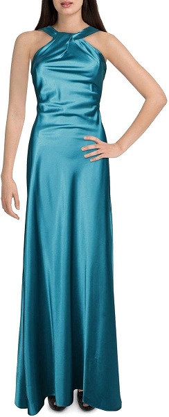 Stunning Calvin Klein Women's Halter Neck Gown featuring a beautifully draped neckline and an alluring open back.