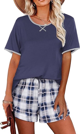 Ekouaer Women Pajama Set Casual Short Set Navy Blue and White Plaid X-Large