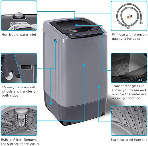 COMFEE' Portable Washing Machine, 0.9 cu.ft Compact Washer With LED Display, 5 Wash Cycles, 2 Built-in Rollers, Space Saving Full-Automatic Washer, Ideal Laundry for RV, Dorm, Apartment, Magnetic Gray