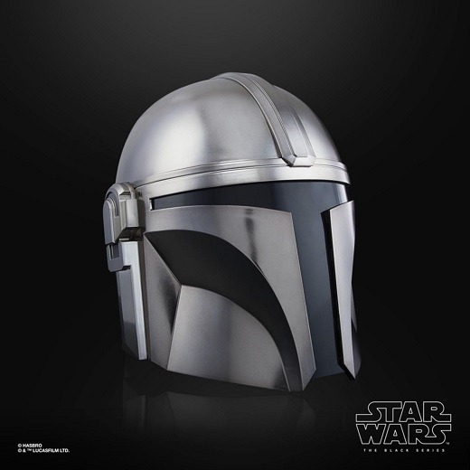 Premium Black Series Mandalorian helmet side view with realistic weathering