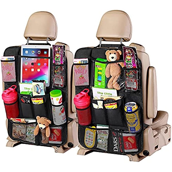 JUSTTOP Black Car Backseat Organizer with Touch Screen Tablet Holder, 9 Storage Pockets Kick Mats Car Seat Back Protectors for Kids Toddlers, Car Travel Accessories, 2 pack