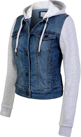 Design by Olivia Women's Hooded Denim Jacket in Medium Denim, featuring a classic silhouette and soft denim fabric.