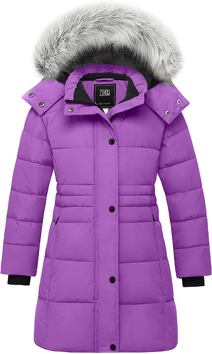ZSHOW Girls' Warm Winter Coat Soft Fleece Lined Padded Fur Hooded Puffer Jacket (Purple.14/16)