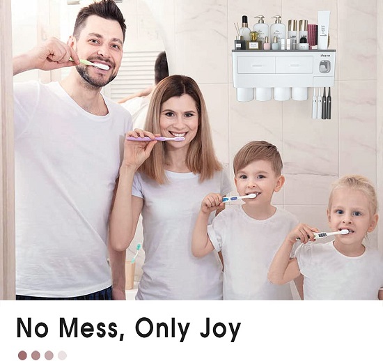 iHave Toothbrush Holders for Bathrooms, 4 Cups Toothbrush Holder Wall Mounted with Toothpaste Dispenser, Large Capacity Tray, 2 Cosmetic Drawer and 7 Brush Slots with Cover Tooth Brush Holder