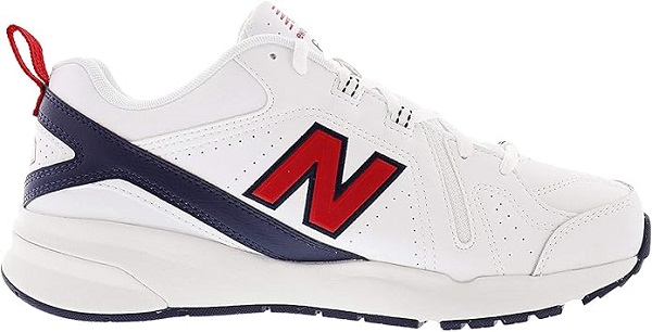 New Balance Men's 608 V5 Casual Comfort Cross Trainer in White, Navy, Red, Side View