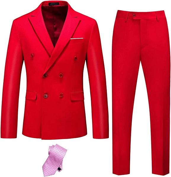 YND Men's Slim Fit 2 Piece Suit, Double-Breasted Jacket Pants Set with Tie, Solid Party Wedding Dress Blazer, Tux and Trousers Red