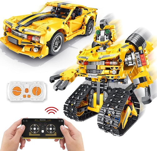 Close-up of the finished race car and transformer model with remote control