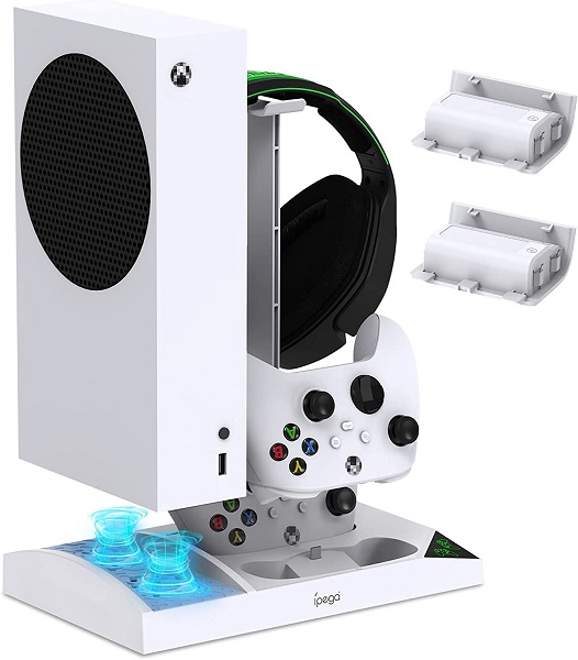 Charger Stand with Cooling Fan for Xbox Series S Console and Controller,Vertical Dual Charging Dock Accessories with 2 x 1400mAh Rechargeable Battery and Cover, Earphone Bracket for XSS