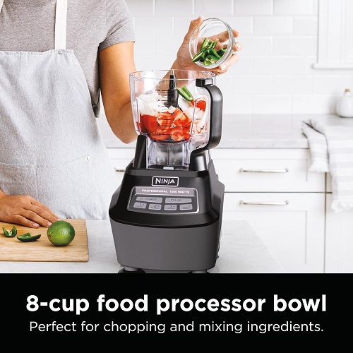 Powerful Ninja BL770AMZ Mega Kitchen System with 72oz pitcher, food processor bowl, and single-serve cup attachments.