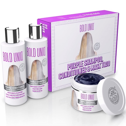 Purple Shampoo, Conditioner & Mask Trio Gift Set. Removes Brassy Yellow Tones. Lightens Blonde, Platinum, Ash, Silver & Grays. Paraben & Sulfate Free. PETA Approved Cruelty-free and 100% Vegan.