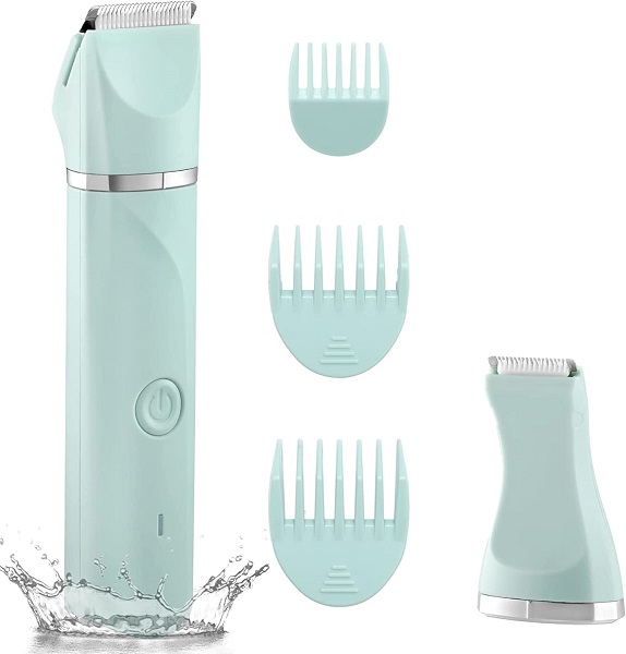 Waterproof Bikini Trimmer Women Electric Razor for Bikini Legs Pubic Hair Rechargeable Electric Shaver for Women Hair Removal with Snap-in Ceramic Blades IP7X Washable Head,Wet and Dry Use,Green