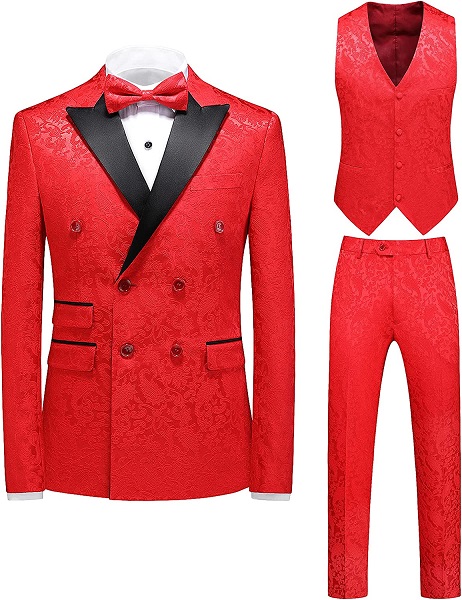 Mens Suit 3 Piece Floral Tux Double Breasted Blazer Vest Pants Set US Size 34 Red