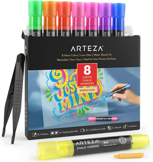 Arteza Liquid Chalk Markers, 8 Neon Colors, Washable Chalkboard Pens, 8 Replaceable Nibs, 1 Tweezer, 50 Labels, 2 Sticky Stencils, Art Supplies for Decorating Car Windows, Erasable Signs, and Menus