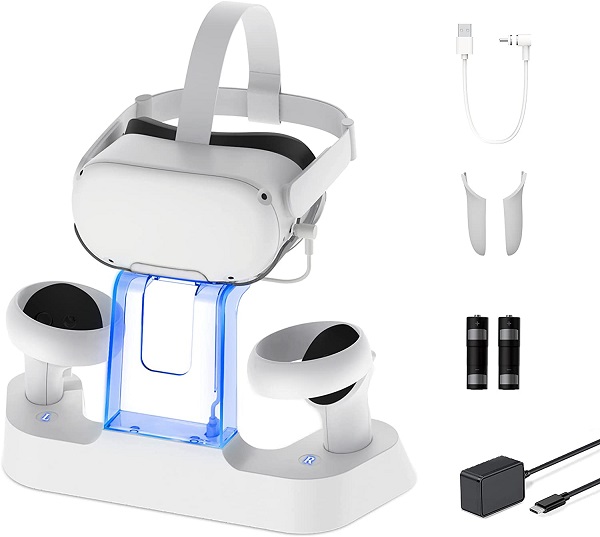 NexiGo Enhanced Charging Dock with LED Light for Oculus Quest 2, [Support Elite Strap with Battery], Headset Display Stand and Controller Mount, 2 Rechargeable Batteries, Magnetic Cable