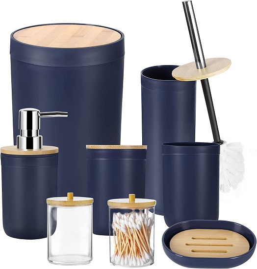 iMucci 8Pcs Navy Blue Bathroom Accessories Set - with Trash Can Toothbrush Holder Soap Dispenser Soap and Lotion Set Tumbler Cup…
