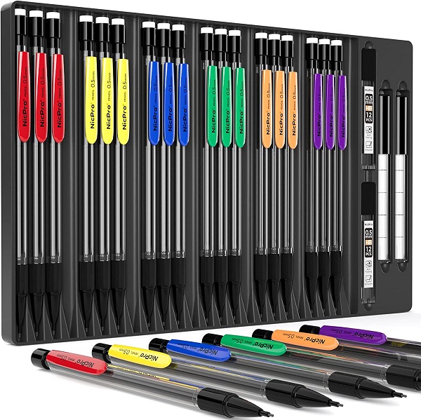 Nicpro 24 PCS 0.7 Mechanical Pencils Set, Led Pencils Big Pack for School with Color Pencil Clips, 0.7mm HB Lead Refills, 12 Eraser Refills for Kids, Boys & Girls, Student Writing, Drawing, Sketching