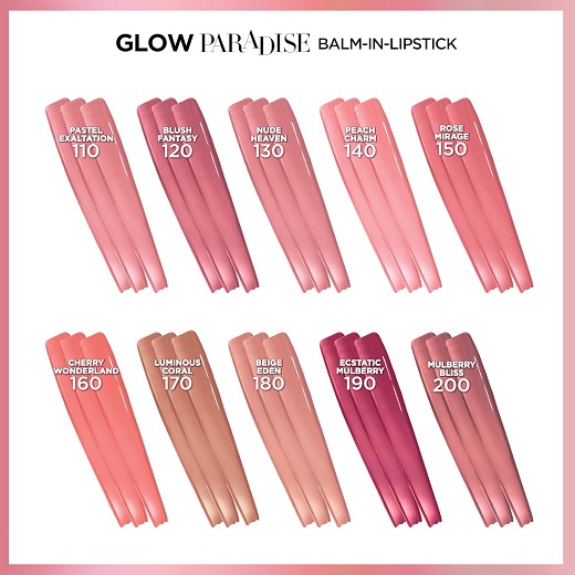L'Oreal Glow Paradise lipstick tube in a vibrant pink shade