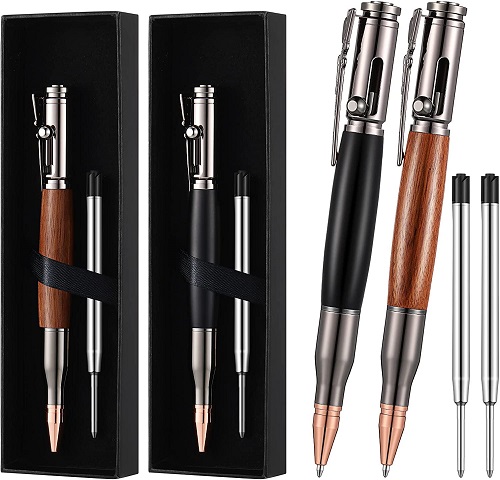 2 Pieces Bolt Action Pen Wood Ballpoint Solid Brass Pens Bullet Shaped Metal Pen and 2 Pieces Pens Refills with 2 Present Boxes for Father's Day, Valentine, Birthday, Black Ink (Black, Brown)
