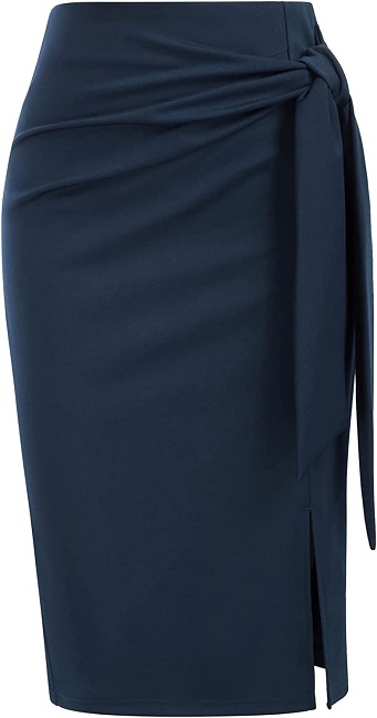 Kate Kasin Women's Skirt Elastic High Waist Bow Tie Knee Length Stretch Bodycon Pencil Skirts with Slit Navy XX-Large