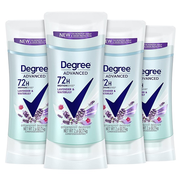 Degree Antiperspirant Deodorant 72-Hour Sweat and Odor Protection Lavender and Waterlily Antiperspirant for Women with MotionSense Technology 2.6 oz 4 Count