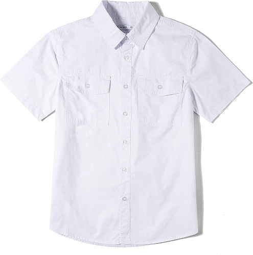 Tronjori Boys Short Sleeve Button Down Casual Woven Shirt Two Pockets(8,White)