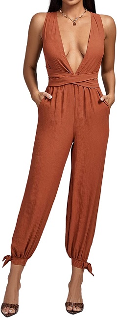 Umenlele Women's Sexy Plunging V Neck Sleeveless High Waist Backless with Pockets Rompers Overalls Jumpsuit Orange Medium