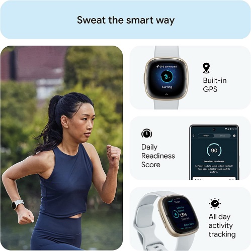 Fitbit Sense 2 Advanced Health and Fitness Smartwatch with Tools to Manage Stress and Sleep, ECG App, SpO2, 24/7 Heart Rate and GPS, Blue Mist/Pale Gold, One Size (S & L Bands Included)