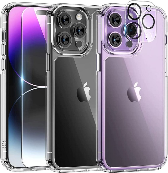 TAURI [5 in 1] 1X Clear Case [Not-Yellowing] with 2X Tempered Glass Screen Protector + 2X Camera Lens Protector, [Military-Grade Drop Protection] Slim Phone Case 6.7 Inch - for iPhone 14 Pro Max Case 