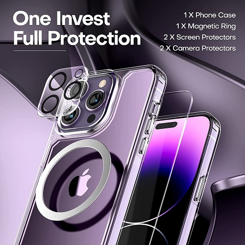 TAURI [5 in 1] 1X Clear Case [Not-Yellowing] with 2X Tempered Glass Screen Protector + 2X Camera Lens Protector, [Military-Grade Drop Protection] Slim Phone Case 6.7 Inch - for iPhone 14 Pro Max Case 