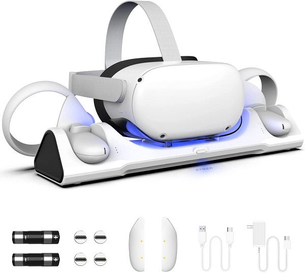 ZYBER Charging Dock for Meta Quest 2, VR Charging Stand for Charging Oculus Quest 2 (Support Elite Strap with Battery), Charging Station with 2 Rechargeable Batteries, USB-C Charger and Cable