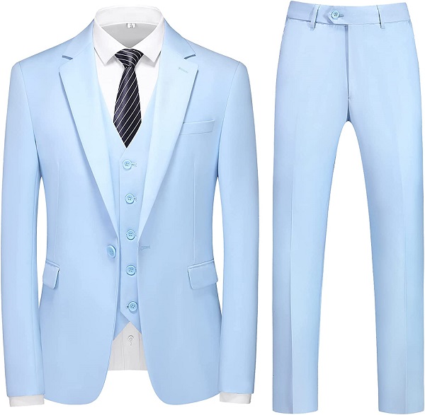 MOGU Mens 3 Piece Slim Fit Suit One Button Tuxedo Jacket Groomsmen Prom Formal Wedding Dress Blazer 38/ Pants 34 Light Blue