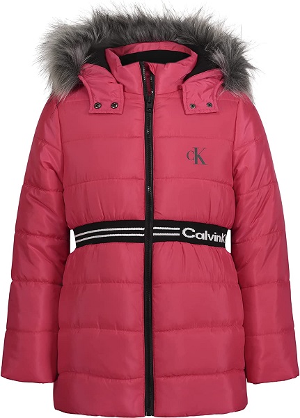 Calvin Klein Girls' Long Length Hooded Puffer Jacket With Fleece Lining, Rasberry Logo Waist, 4
