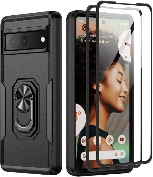Google Pixel 6A 5G Case with Screen Protector, Military Grade Dual Layer Shockproof Heavy Duty Shockproof Full Body Protective Phone Cover, Built in Rotatable Magnetic Ring Holder for Pixel 6A (Black)