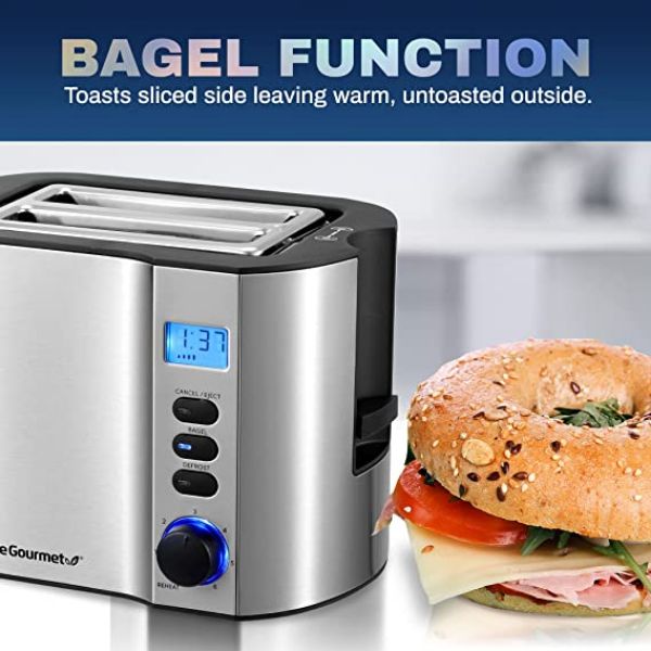 Elite Gourmet ECT2145 Extra Wide Slot 2-Slice Toaster, Bagel Function Reheat, Defrost, & Cancel Functions, 6 Toast Settings, Built-in Warming Rack, Countdown Timer, Stainless Steel