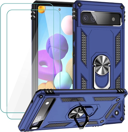 Muntinfe for Google Pixel 6a Case with Tempered Glass Screen Protector [2 Pack], Military-Grade Armor Shockproof Protective Phone Cover with Ring Magnetic Kickstand for Pixel 6a, Blue