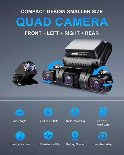PRUVEEO D90-4CH Dash Cam with 4 Lenses for 360° Car Coverage