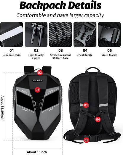 Gelrova Knight LED Motorcycle Backpack – Hard Case Riding Bag, DIY Programmable Motorbike Luggage, Laptop & Helmet Storage, Waterproof & Large 19-inch Design