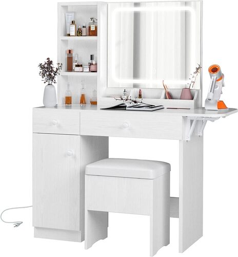 IRONCK White Vanity Desk with LED Mirror & Drawers