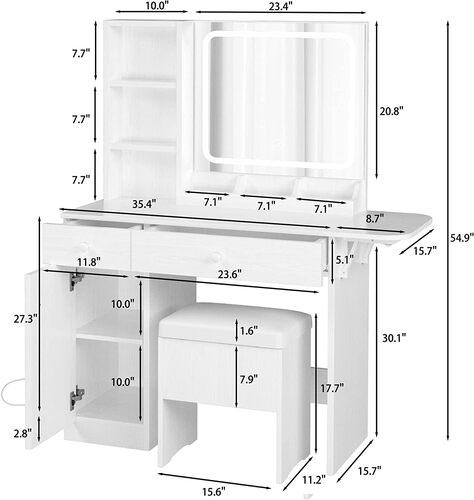 IRONCK White Vanity Desk with LED Mirror & Drawers