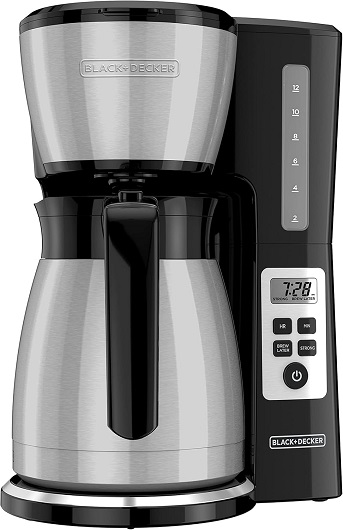 BLACK+DECKER 12-cup thermal coffee maker with a carafe pouring a cup of coffee.