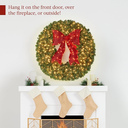 Large Pre-Lit Christmas Wreath with Red Bow