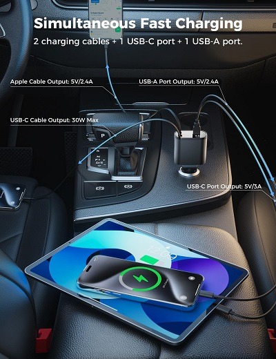 SUPERONE 4-in-1 retractable car charger, USB-C and Apple adapters