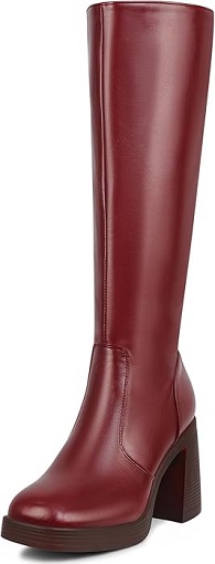 Black leather platform boots with square toe and chunky block heel.